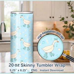 May include: A 20 oz skinny tumbler wrap with a light blue background featuring a pattern of white geese wearing roller skates, musical notes, and hearts. The tumbler is 9.25 inches by 8.25 inches.