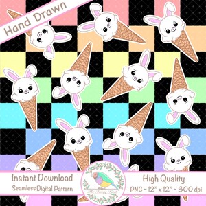 イースターバニーアイスクリームシームレスリピートパターン春レインボーチェッカーデジタルペーパー印刷可能な昇華パターンシームレスパステルPNG 300dpi
