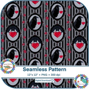 ダークバレンタインシームレスパターン レイヴンロマンス 印刷可能 黒 カラス 赤 グレー ゴス バット S 昇華デジタルペーパー 12インチ x 12インチ PNGファイル 300dpi