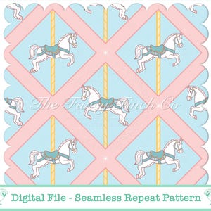 Karussell Pony Nahtlose Muster Jahrmarkt Pferd Digitales Papier Rosa Blau Scrapbooking Sublimation & Handwerk PNG 300dpi 12 "x 12" Hand gezeichnet