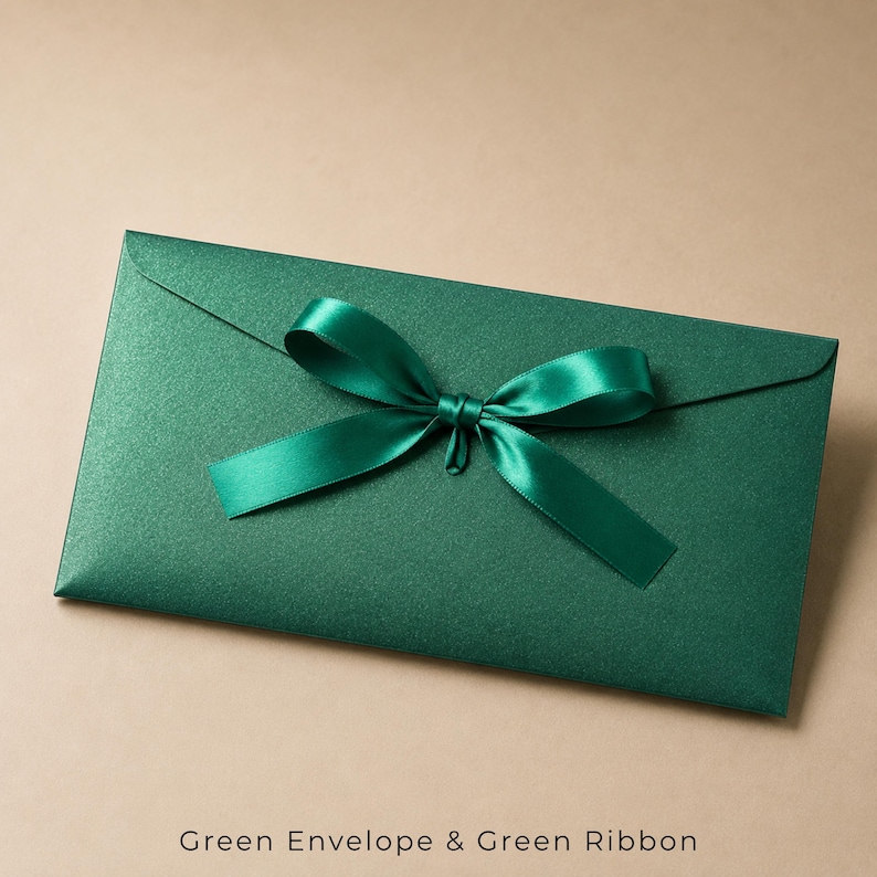 Op de afbeelding: Een rechthoekige donkergroene envelop met een glinsterende, metallic afwerking. De envelop is afgesloten met een bijpassend donkergroen satijnen lint dat in een decoratieve strik in het midden van de voorflap is gebonden voor een strakke look.