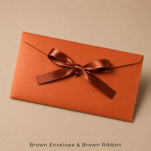 Op de afbeelding: Een rechthoekige, roestoranje envelop met een gladde, matte afwerking. Een donkerbruin satijnen lint is in een decoratieve strik over het midden van de envelopklep gebonden, wat een contrasterende textuur geeft aan het oranje papier.