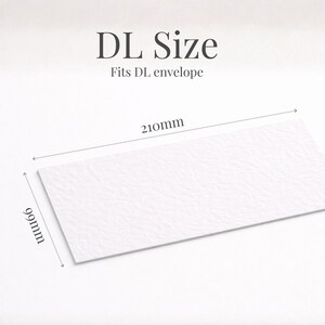 May include: A white rectangular paper with a textured surface, labeled "DL Size" and "Fits DL envelope." The dimensions are 210mm x 99mm. The paper measures approximately 8.27 inches x 3.9 inches. The image is on a white background.