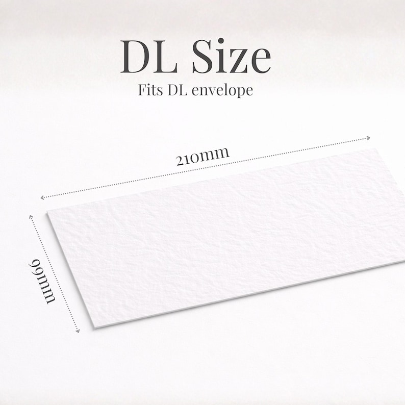May include: A white rectangular paper with a textured surface, labeled "DL Size" and "Fits DL envelope." The dimensions are 210mm x 99mm. The paper measures approximately 8.27 inches x 3.9 inches. The image is on a white background.