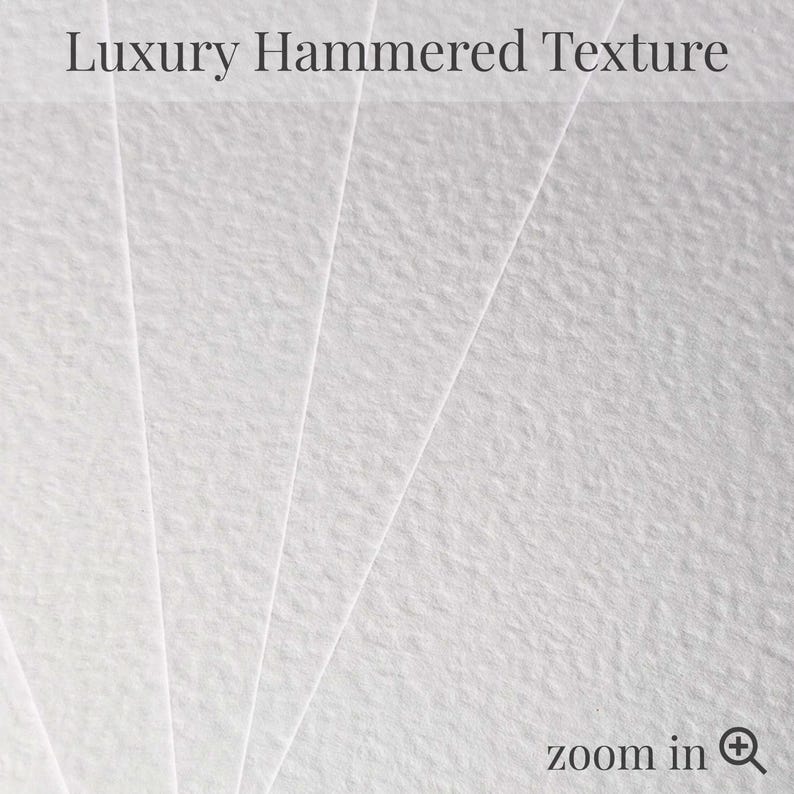 May include: Close-up of white paper with a hammered texture. The paper is fanned out, revealing the textured surface. The words "Luxury Hammered Texture" are at the top, and "zoom in" is at the bottom.