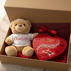 Personalised Valentine Gift Box with Teddy Bear, Chocolate Heart – Romantic Gift for Her / Him image 1