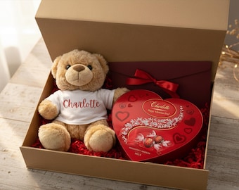 Personalised Valentine Gift Box with Teddy Bear, Chocolate Heart – Romantic Gift for Her / Him