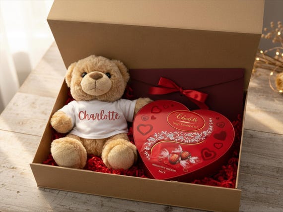 Personalised Valentine Gift Box with Teddy Bear, Chocolate Heart – Romantic Gift for Her / Him