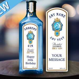 Personalised Label Bombay Sapphire London Dry Gin Label Vinyl Sticker Funny Novelty Gift Birthday Anniversary Surprise Easter Holidays Party
