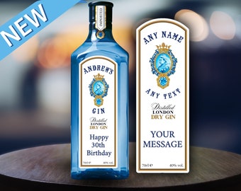 Personalised Label Bombay Sapphire London Dry Gin Label Vinyl Sticker Funny Novelty Gift Birthday Anniversary Surprise Easter Holidays Party