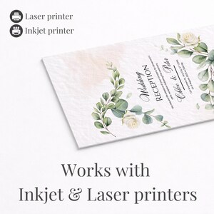 May include: A wedding reception invitation featuring a floral and foliage design. The invitation includes the names "Chloe & Peter" and event details. The text "Works with Inkjet & Laser printers" is also present.