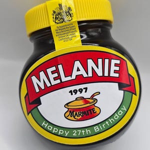 Gepersonaliseerde aangepaste marmite-pot label stickerfles - aangepaste verjaardag, kerst, leuk, lief cadeau-idee en grappig nieuwtje