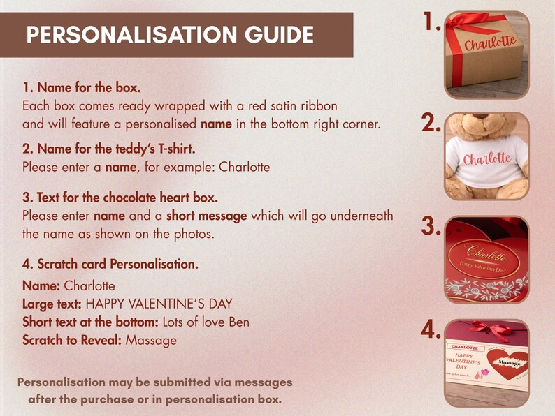 Personalised Valentine Gift Box with Teddy Bear, Chocolate Heart – Romantic Gift for Her / Him image 3