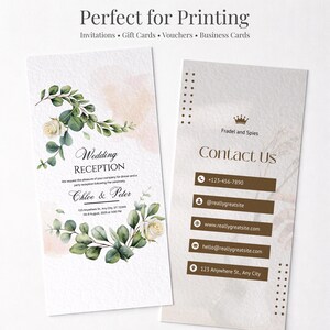 May include: Two printed cards with floral designs. One is a wedding reception invitation with text and a floral wreath. The other is a contact card with contact information and a crown graphic. The cards are white with a watercolour effect.