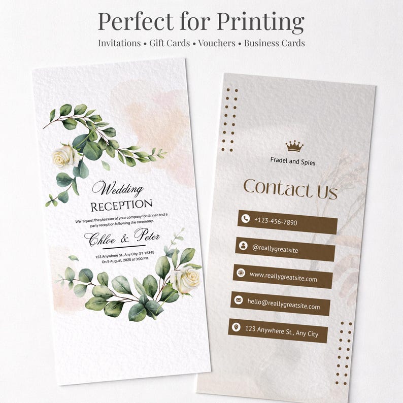 May include: Two printed cards with floral designs. One is a wedding reception invitation with text and a floral wreath. The other is a contact card with contact information and a crown graphic. The cards are white with a watercolour effect.