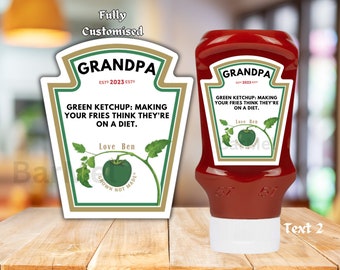 Groen aangepast tomatenketchuplabel - gepersonaliseerd stickerlabel voor geschenken en evenementen, voeg elke tekst toe, volledig op maat gemaakt, grappig cadeau, leuk cadeau