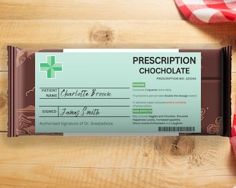Etiqueta personalizada con receta para barra de chocolate. Divertida pegatina. Regalo original para cumpleaños, aniversarios, para desear una pronta recuperación o para celebraciones.