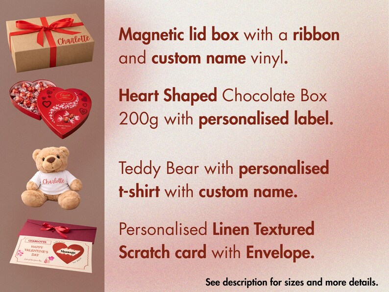 Personalised Valentine Gift Box with Teddy Bear, Chocolate Heart – Romantic Gift for Her / Him image 2