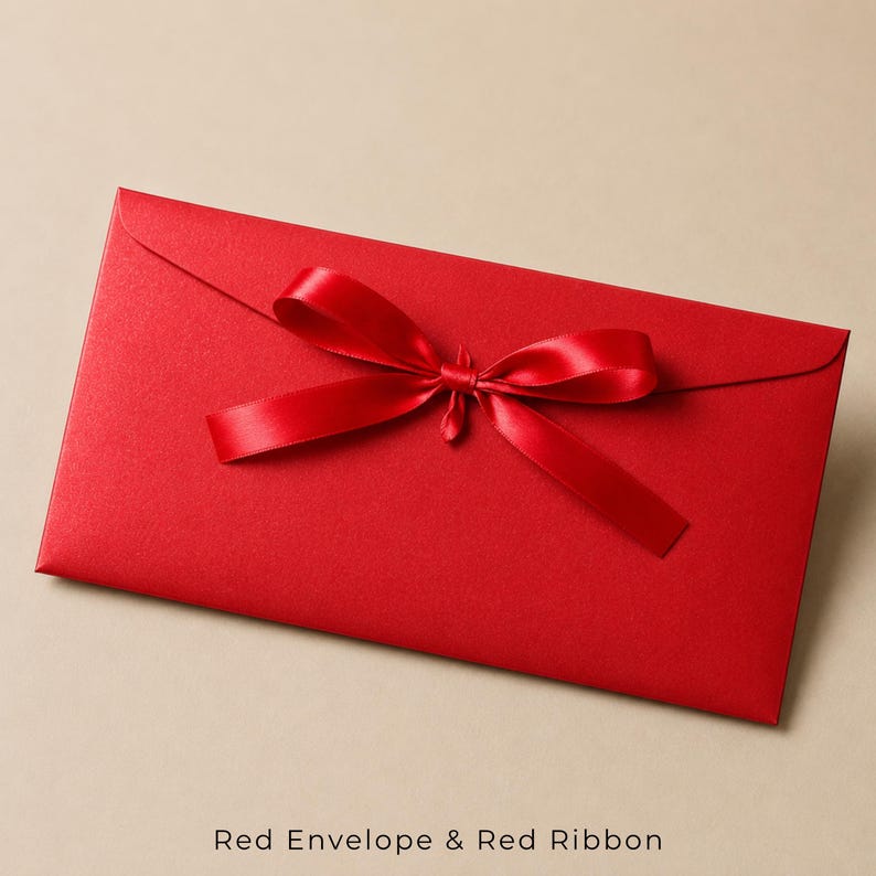Op de afbeelding: Een rechthoekige rode envelop met een gladde, matte afwerking en een puntige klep. Een felrood satijnen lint is in het midden van de envelop tot een strik gestrikt. De tekst "Red Envelope & Red Ribbon" staat onderaan gedrukt.