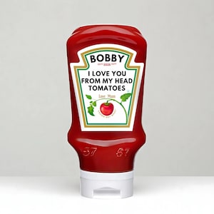 Spersonalizowana etykieta na ketchup, butelka Heinz, spersonalizowana naklejka z imieniem, prezent urodzinowy, upominki na przyjęcie, prezent na Boże Narodzenie, motywy miłosne, rocznica