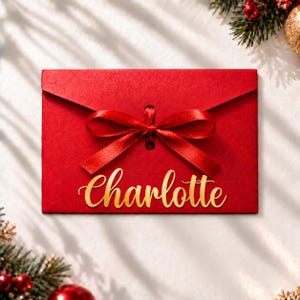 Könnte beinhalten: Ein rechteckiger roter Umschlag mit einer mittig platzierten, zu einer Schleife gebundenen roten Satin-Schleife. Der Name Charlotte ist in goldener Schreibschrift auf dem unteren Teil des Umschlags zu sehen. Er hat eine spitze Klappe.