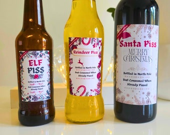 4x Elf Piss Wine Bottle Labels - Hilarious Christmas Novelty Stickers | Secret Santa | Funny Joke Humor Decorations | Festive Holiday | Gift