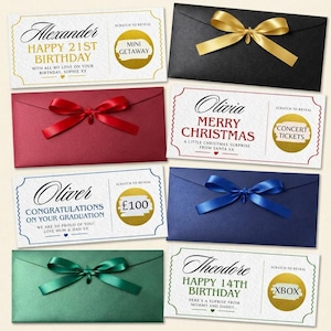May include: A collection of gift cards in various colors, each with a satin ribbon bow. The cards feature personalized messages for birthdays, Christmas, and graduation, with a scratch-off area revealing a surprise gift, such as a mini getaway or concert tickets.