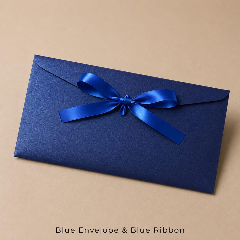 Op de afbeelding: Een rechthoekige donkerblauwe envelop met een gladde, matte afwerking en een puntige klep. Een bijpassend donkerblauw satijnen lint is gestrikt tot een decoratieve strik en in het midden van de envelop bevestigd voor een strak en uniform uiterlijk.