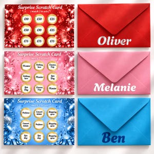 May include: Three rectangular scratch cards and three matching envelopes in red, pink, and blue. The cards feature balloon graphics and gold circles with text like £10, £50, £75, PLouise, Spa Day, Cinema Trip, Perfume, Concert tickets, and Shopping spree.