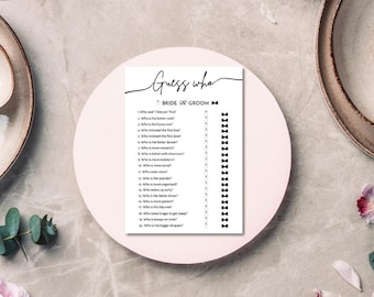 May include: A white card with the text "Guess who" and "Bride or Groom" sits on a pink plate. The card has a list of questions and bow tie graphics. The background includes pink flowers and decorative plates.