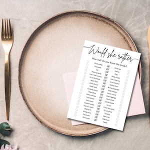 May include: A bridal shower game card with the text "Would she rather" and a list of questions, placed on a plate with a gold fork and knife. The plate is beige with a brown rim, and a pink napkin is underneath the card.