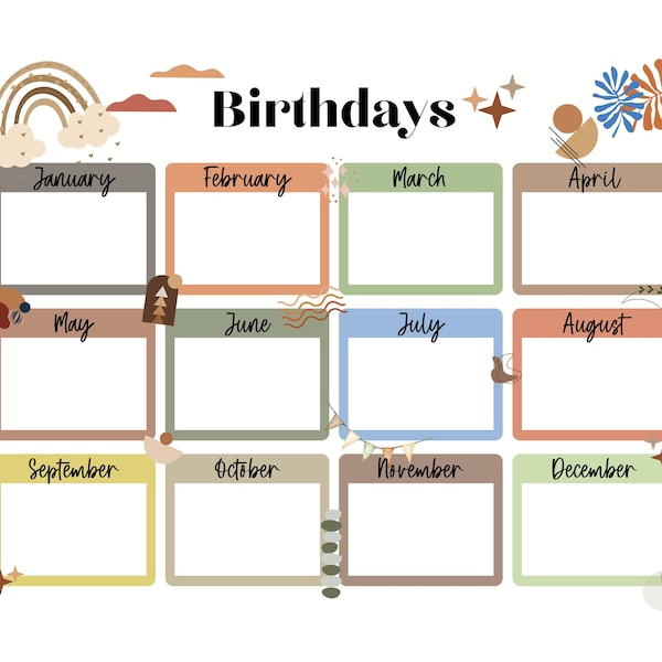 PRINTABLE Birthday Monthly Calendar, Kids Boho Cute Birthday Monthly Calendar, Printable Planner Birthday Calendar, Notability, GoodNotes