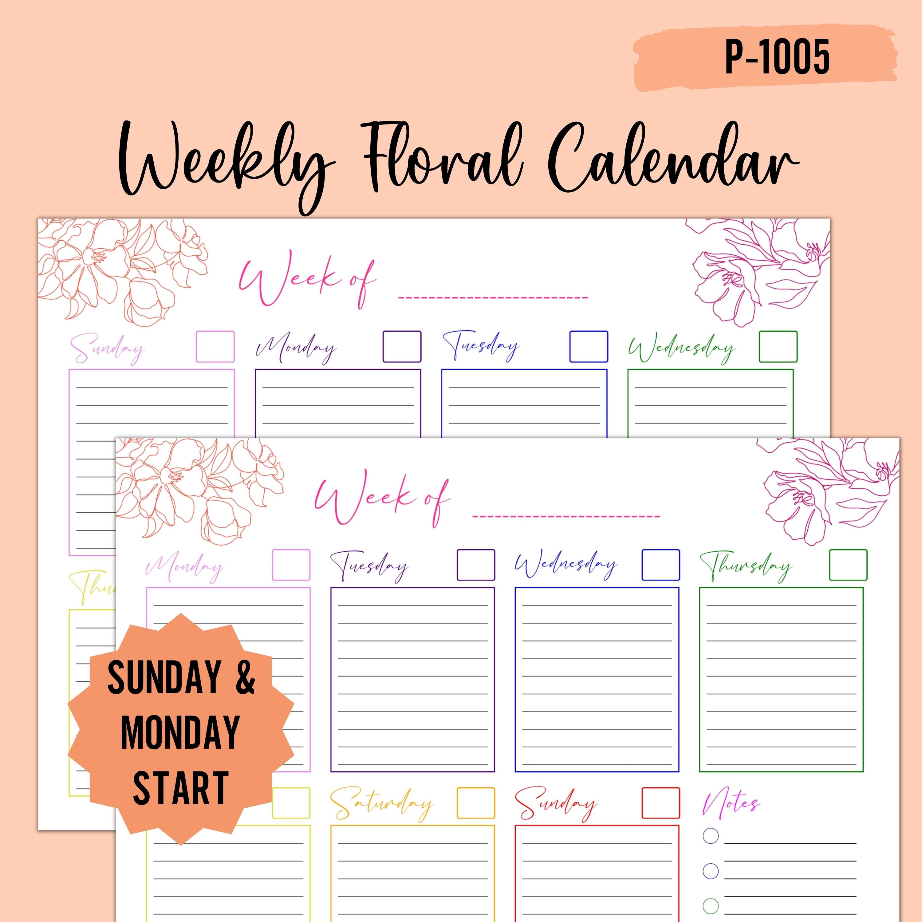 Weekly Calendar, Colorful Floral Calendar, Minimalist Undated Weekly ...