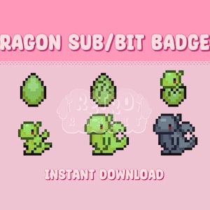 Op de afbeelding: Een set van vijf pixel art badges met een groene draak in verschillende stadia van ontwikkeling, van ei tot volwassene. De badges zijn gelabeld "Dragon Sub/Bit Badges" en "Direct downloaden".
