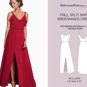 Frill Front Split Skirt Bridesmaids Dress Pattern - Digital PDF Sewing Pattern - Instant Download - Printable - US Sizes 2-20