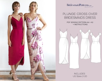 Plunge Cross Over Bridesmaids Dress Pattern - Digital PDF Sewing Pattern - Instant Download - Printable - US Sizes 2-20