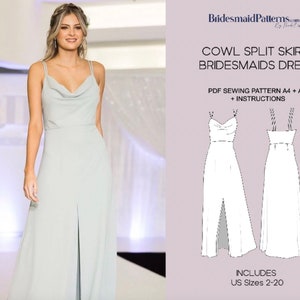 Cowl Split Skirt Bridesmaids Dress Pattern - Digital PDF Sewing Pattern - Instant Download - Printable - US Sizes 2-20