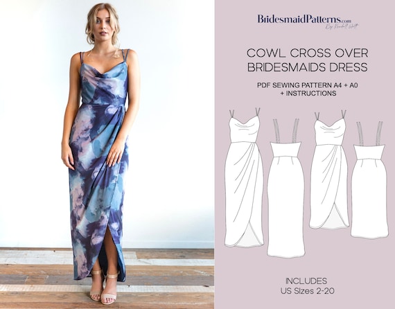 Cowl Cross Over Bridesmaids Dress Pattern - Digital PDF Sewing Pattern - Instant Download - Printable - US Sizes 2-20