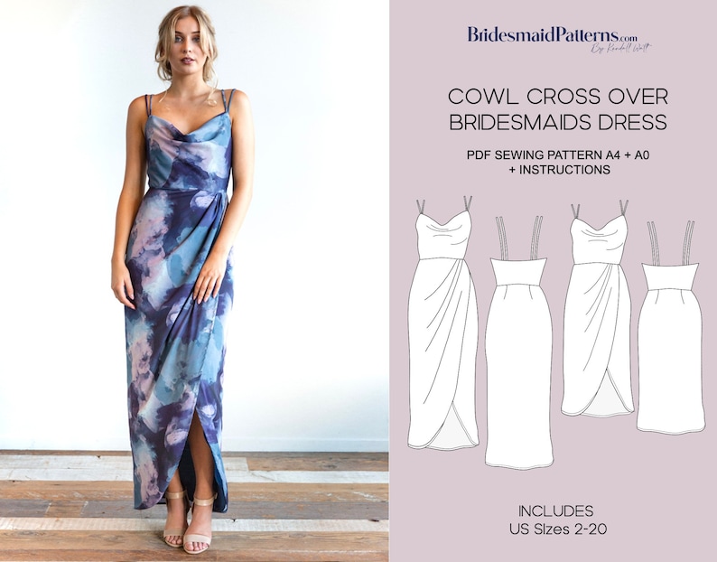 May include: A digital sewing pattern for a cowl cross over bridesmaid dress. The pattern includes instructions and is available in sizes 2-20.