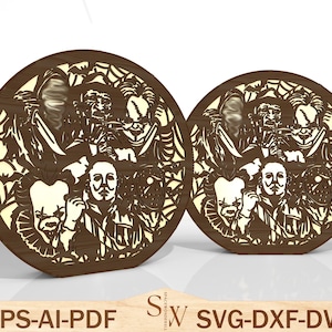 May include: Two wooden, circular decorative pieces with a horror movie theme. The designs feature iconic characters and are cut out of the wood. The text "EPS-AI-PDF" and "SVG-DXF-DWG" is at the bottom.