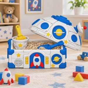 May include: A white and blue space-themed sandbox with a domed lid, featuring a rocket ship graphic, yellow star accents, and a planet design. The set includes a white bucket with a yellow rake and a blue shovel, all filled with play sand.