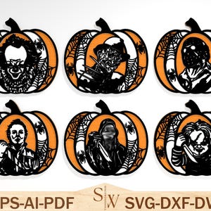 May include: Six orange and white pumpkin cutouts with black spiderwebs and horror movie character faces. The characters include Pennywise, Freddy Krueger, Jason Voorhees, Michael Myers, Ghostface, and Chucky. The bottom of the image has the text "EPS-AI-PDF" and "SVG-DXF-DWG".