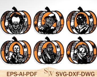 Halloween Horror Stojące Dynie Svg, Postacie Horroru Svg, Cięcie Laserowe, Straszne Dynie Svg, Dekoracje Halloween, Warstwowa Dynia Svg