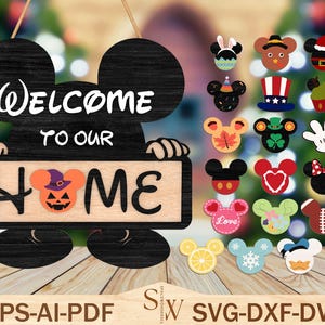 May include: A wooden Mickey Mouse-shaped sign with the text "Welcome to our Home" and a pumpkin-shaped Mickey Mouse head in the center. The sign is surrounded by 20 different Mickey Mouse ear designs, each with a different theme, such as a heart, a snowflake, a lemon, and a baseball.