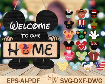 Merry Christmas Door Hanger Svg ,Cartoon Mouse Door Sign ,Cartoon Welcome to our Home, Christmas Decor, Glowforge, Lasercut, Christmas Svg