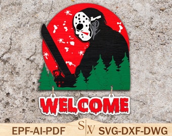 May include: A red and black welcome sign with a silhouette of a hockey mask-wearing figure holding a machete in front of a red moon and pine trees. The text "WELCOME" is in red and white.