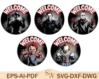 Bienvenue dans notre maison hantée SVG, fichier de coupe Halloween pour porte d'entrée, décoration de porche effrayant pour Cricut & Glowforge, téléchargement numérique instantané
