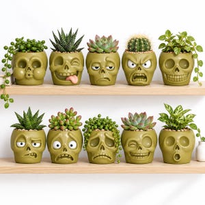 Peut inclure: Dix pots de fleurs en forme de crâne vert olive disposés sur deux étagères en bois. Chaque pot présente une expression faciale unique et contient une plante différente, notamment des succulentes, des cactus et des plantes grimpantes.
