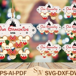 May include: Wooden Christmas ornaments with the text "Our Grandkids 2026" and Mickey Mouse-shaped elements. Each ornament features names and a red bow. The ornaments are designed for personalization and holiday decor.