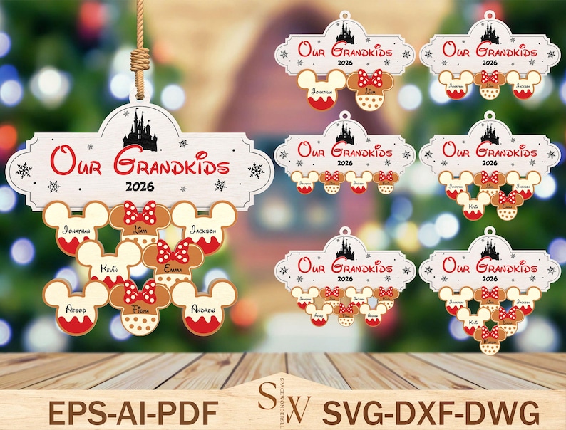 May include: Wooden Christmas ornaments with the text "Our Grandkids 2026" and Mickey Mouse-shaped elements. Each ornament features names and a red bow. The ornaments are designed for personalization and holiday decor.